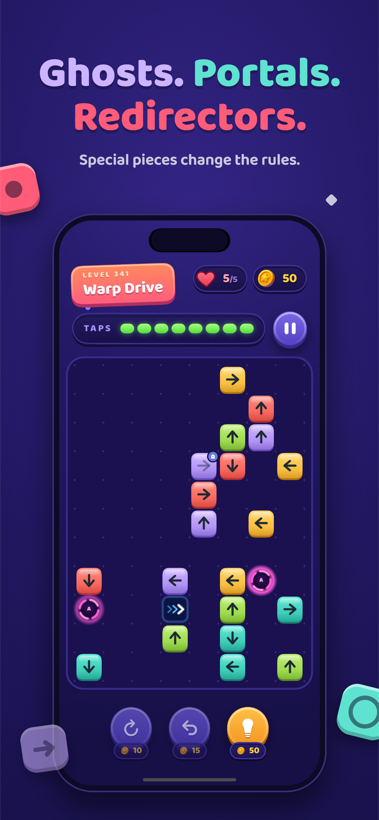 Arrow Domino gameplay — a grid of colored arrows mid chain reaction on iPhone